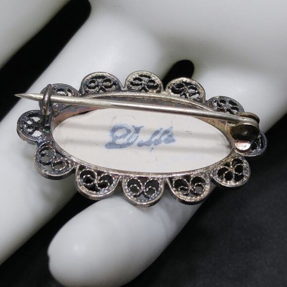 Dutch Delft 835 Silver Filigree Brooch, Windmill Porcelain Pin, 1940s Vintage - Picture 7 of 10